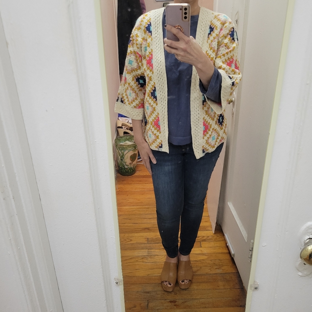 Open Front Cream Multi-Color Crochet Cardigan NWT Grannycore Cottagecore Boho